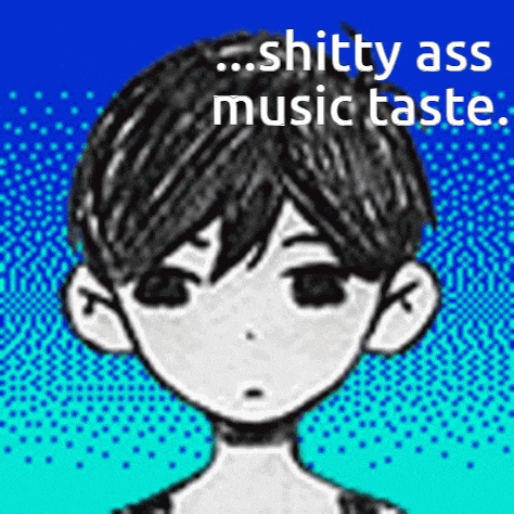 a black and white drawing of a boy with the words " shitty ass music taste " above him