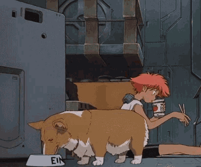 a cartoon of a dog eating spaghetti next to a bowl that says ein on it