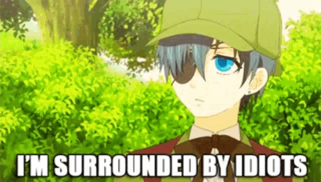 a boy in a hat is surrounded by trees and says i 'm surrounded by idiots .