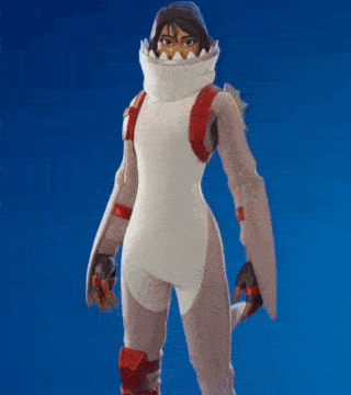 a person dressed in a shark costume with a blue background