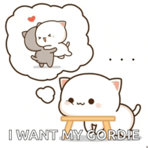 a cartoon cat is sitting on a stool and thinking about a couple hugging each other .