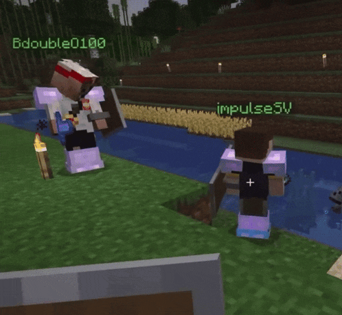 two minecraft characters are standing next to each other and one of them has the name impulse5v on the screen