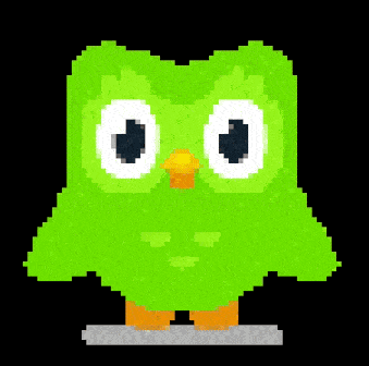 a pixel art of a green owl with white eyes and an orange beak