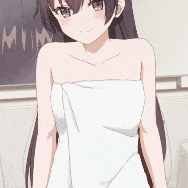 a girl wrapped in a white towel stands in front of a blackboard that says mm