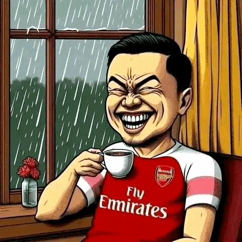 a cartoon of a man in a fly emirates jersey drinking a cup of coffee .