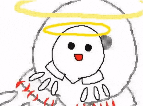 a pixel art drawing of a cartoon character with a halo on his head .