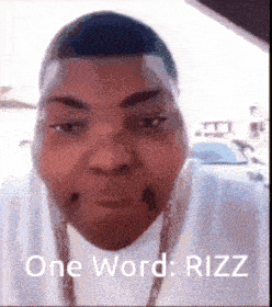 a close up of a man 's face with the words one word rizz written on the bottom