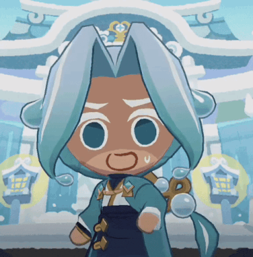 a cartoon character with blue hair and a crown on his head stands in front of a building