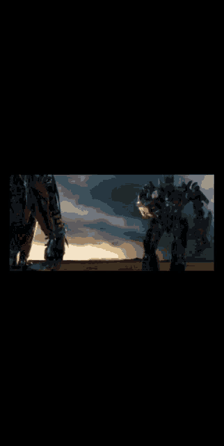 two robots are standing in a field with a cloudy sky behind them