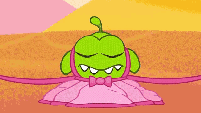 a green cartoon character is wearing a pink dress and bow tie