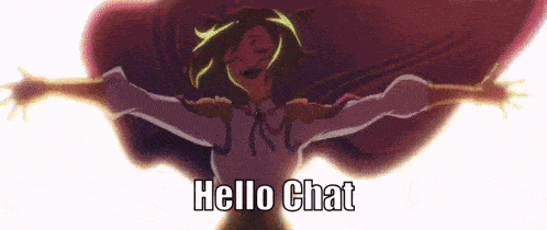 a cartoon girl with her arms outstretched and the words hello chat on the bottom