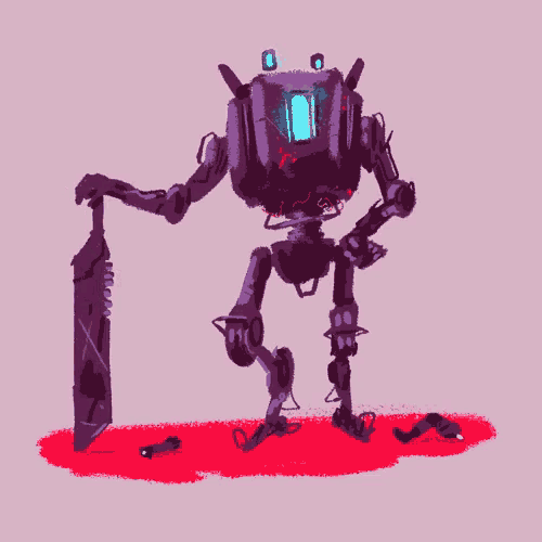 a drawing of a robot holding a shield and a sword