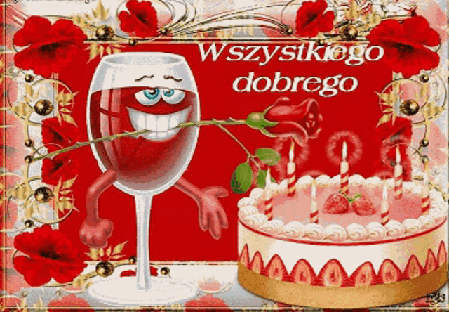 a birthday card with a cake and a wine glass