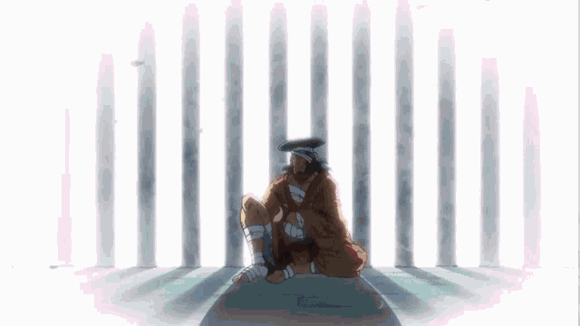 a man with bandages on his legs sits in a prison cell behind bars