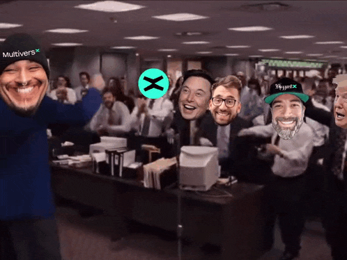 a man wearing a hat that says multivers is surrounded by other men