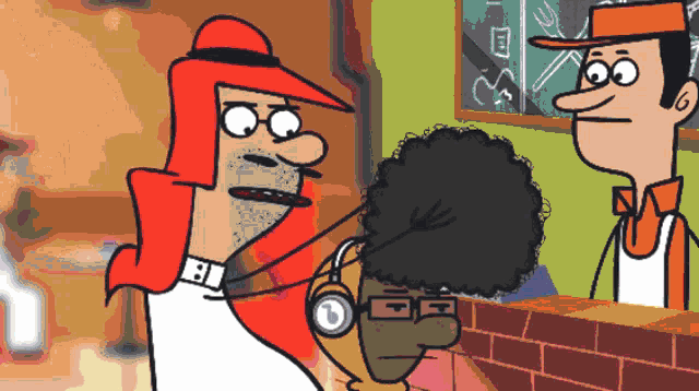 a cartoon of a man wearing headphones talking to another man with an afro