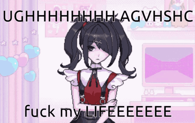 a pixel art drawing of a girl with the words " fuck my life " on the bottom