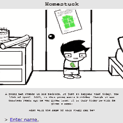 a cartoon of a boy standing in front of a door that says homestuck