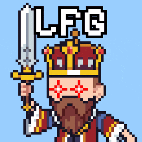 a pixel art drawing of a king holding a sword with the words lfg written above him