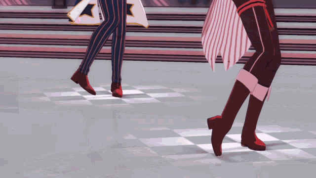 two anime characters are dancing on a checkerboard floor