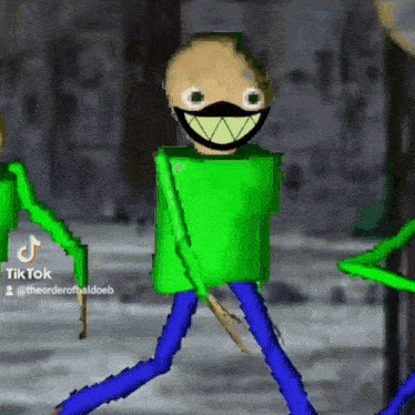a cartoon character with a green shirt and blue pants walking