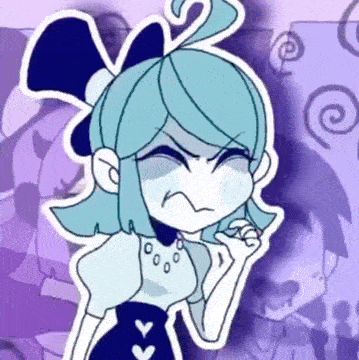 a cartoon girl with blue hair is making a funny face .
