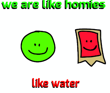a drawing of a green ghost and a red square with the words we are like homies like water