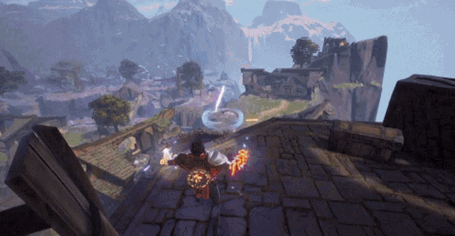 a video game character is flying through the air with a sword