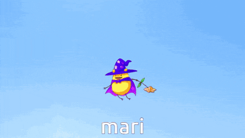 a cartoon of a bird in a witch hat is surrounded by a heart with mari written on it