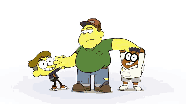three cartoon characters are standing next to each other and one has a red hat on