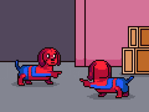 a pixel art drawing of two red dachshunds