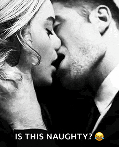 a black and white photo of a man and a woman kissing with the caption " is this naughty "