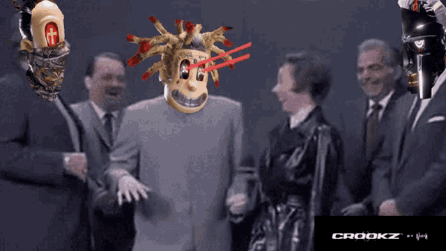 a group of men in suits are standing around a man with a mask on his head that says crooks