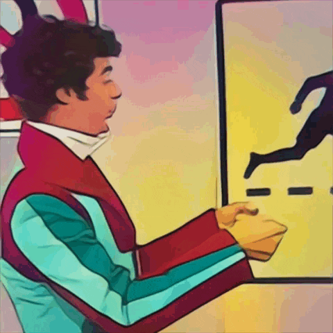 a cartoon of a man pointing at a picture of a person