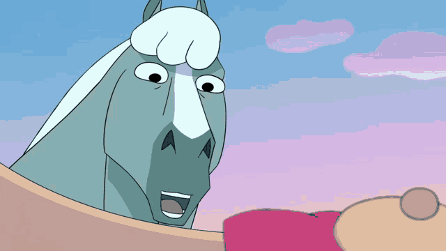 a cartoon horse says " oh hello " while a pink heart is floating in the air