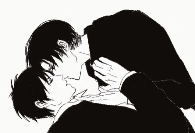 a black and white drawing of two men kissing .