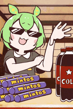 a cartoon character is standing next to a stack of mints