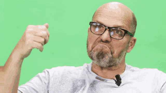 a man with glasses and a beard is pointing at the camera .