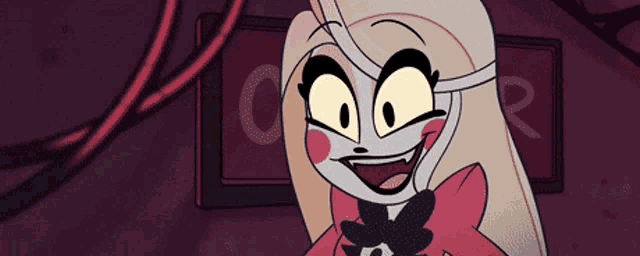 a cartoon character with big yellow eyes and a bow tie