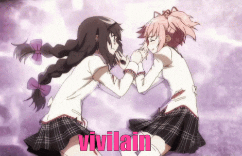 two anime girls are hugging and the word vivilain is visible