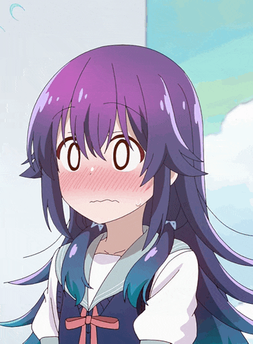 a girl with purple hair is making a face with her eyes closed