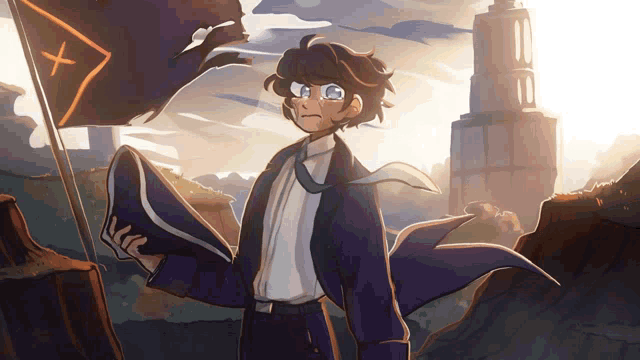 a drawing of a boy holding a flag with an x on it