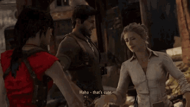 a man and a woman are standing next to each other in a video game and the woman is saying " haha that 's cute "