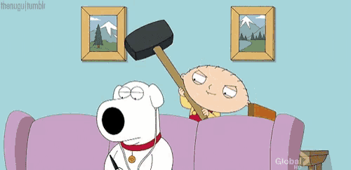 a cartoon of a dog sitting on a couch next to a man holding a hammer ..