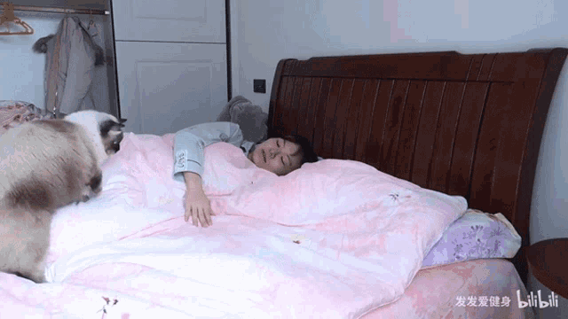 a woman is laying on a bed with a cat and the word bilibili on the bottom right