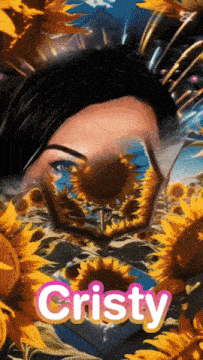 a picture of a woman surrounded by sunflowers with the name cristy