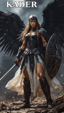 a woman in armor holding a sword and shield with the name kader written above her