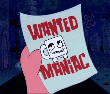 a cartoon character is holding a wanted maniac poster