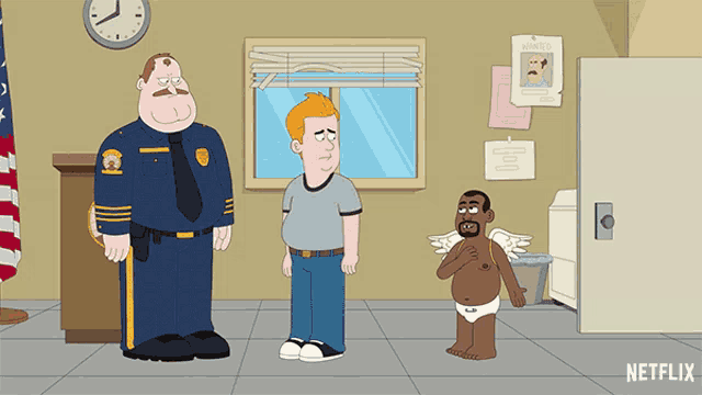a cartoon of a police officer standing next to a boy with wings and a netflix logo in the corner