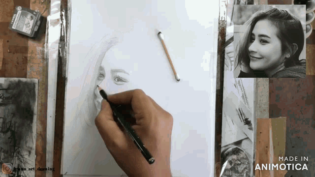 a person is drawing a woman 's face on a piece of paper with the words made in animatica on the bottom